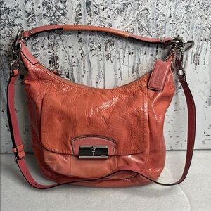 Coach Kristen Coral Pink Patent Leather Hobo Crossbody Shoulder Handbag # 19299